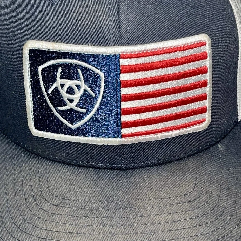 Ariat Hat Cap Snap Back Navy White American Flag Patch Mesh Trucker Mens Rodeo‎